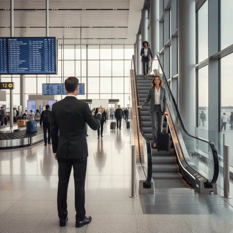 Professional chauffeur in a black suit holding a sign, waiting at the bottom of an escalator in a bright, modern commercial airport terminal. A well-dressed female business traveler descends the escalator with her carry-on luggage, with flight information screens, a baggage claim carousel, and other travelers visible in the background. This image illustrates a premium San Diego private airport car service meeting a client in a busy commercial setting, emphasizing seamless and punctual pick-ups.