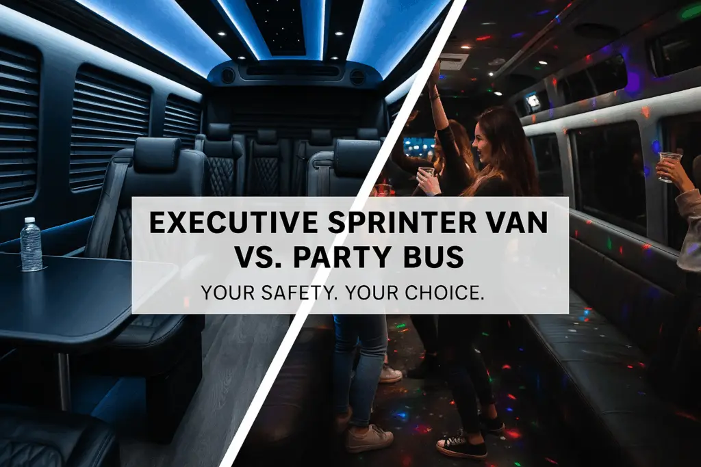 Executive Mercedes Sprinter Van compared to a party bus, showing safe captain chairs with seat belts versus a messy party environment — Royal Knights Limousine San Diego.