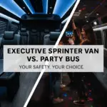 Executive Mercedes Sprinter Van compared to a party bus, showing safe captain chairs with seat belts versus a messy party environment — Royal Knights Limousine San Diego.