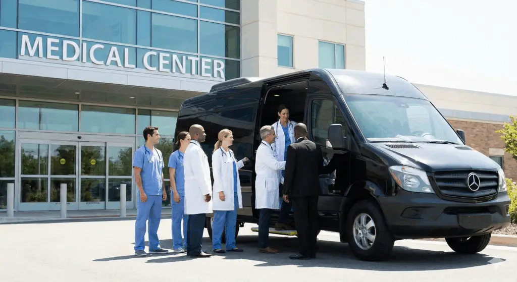 Royal Knights Limousine chauffeur in a black suit helping a group of medical professionals in scrubs and lab coats board a black Mercedes-Benz Sprinter van outside a large medical center building.